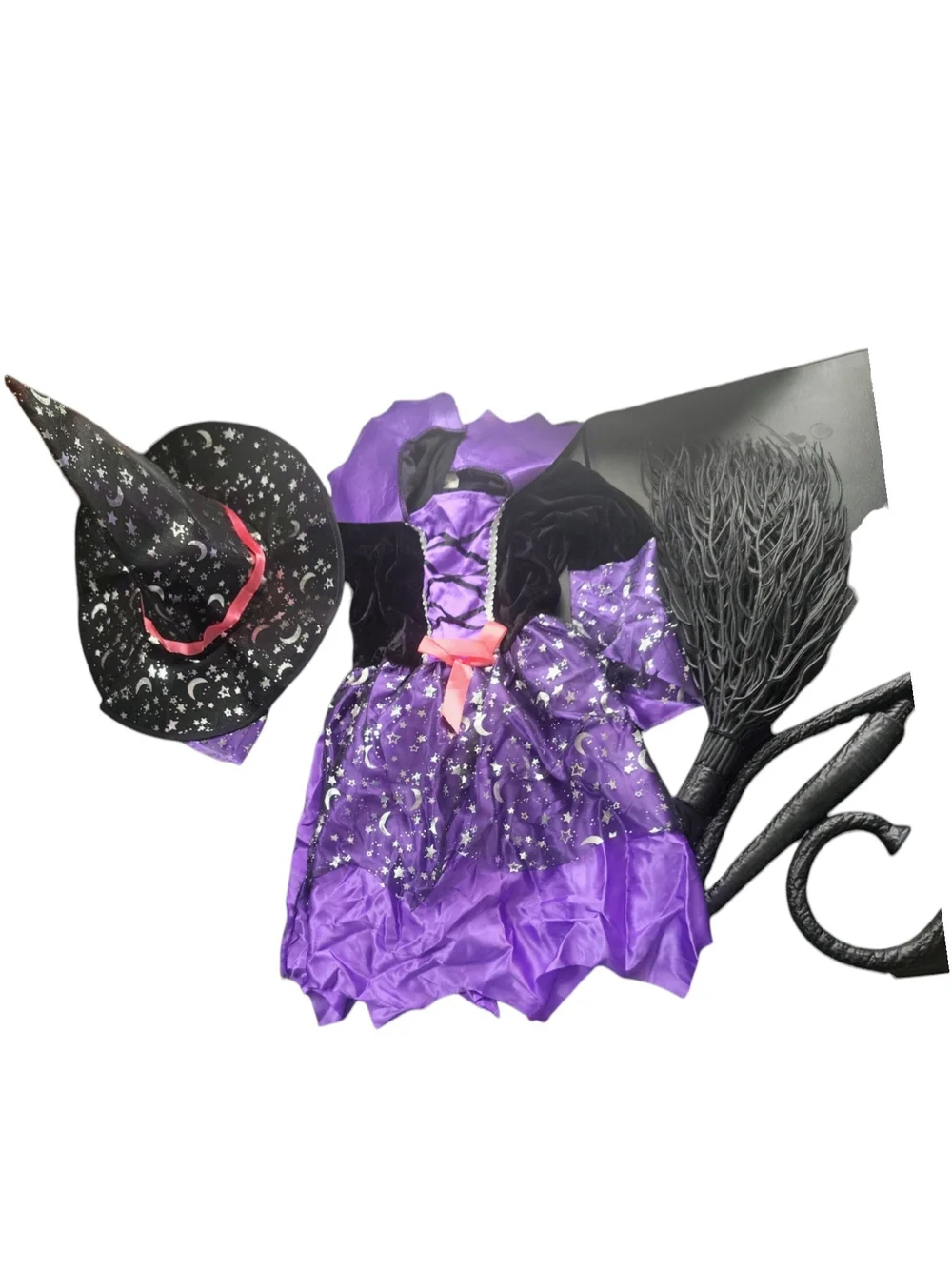 Girls Purple Witch Costume Dress with Hat and Broomstick Size Toddler 2-3 NIB